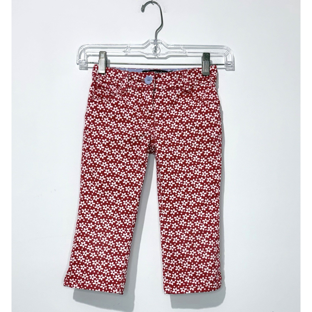 Mini Boden Girls Pants Cropped 6Y Cotton Red Floral Pockets Adjustable Waist